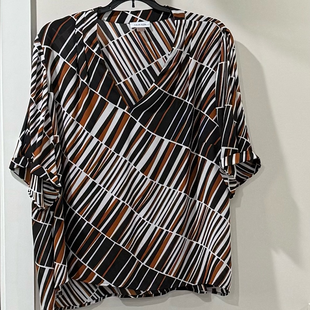 Calvin Klein Women's Striped Blouse - Black, White, Brown